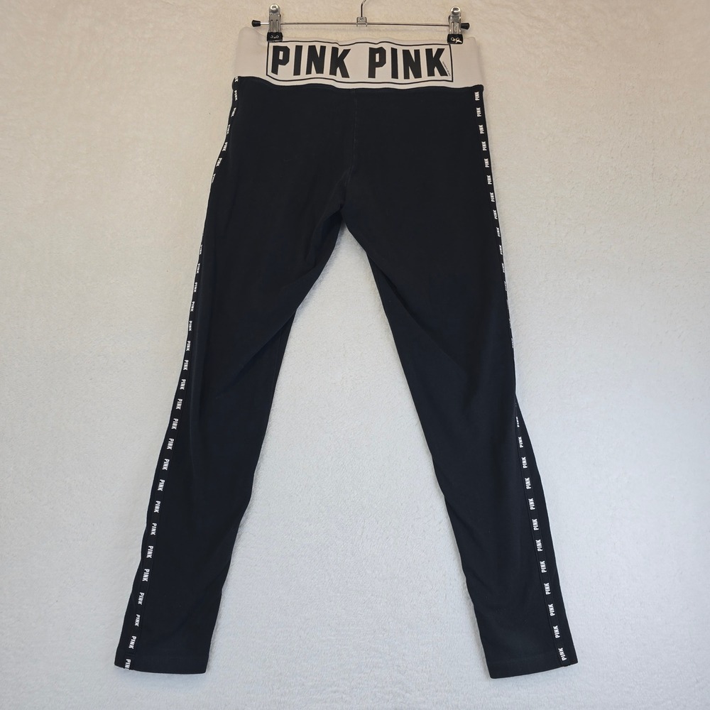 Pink Victoria Secret Yoga Leggings Women Medium Black White Logo SPELL OUT Yoga